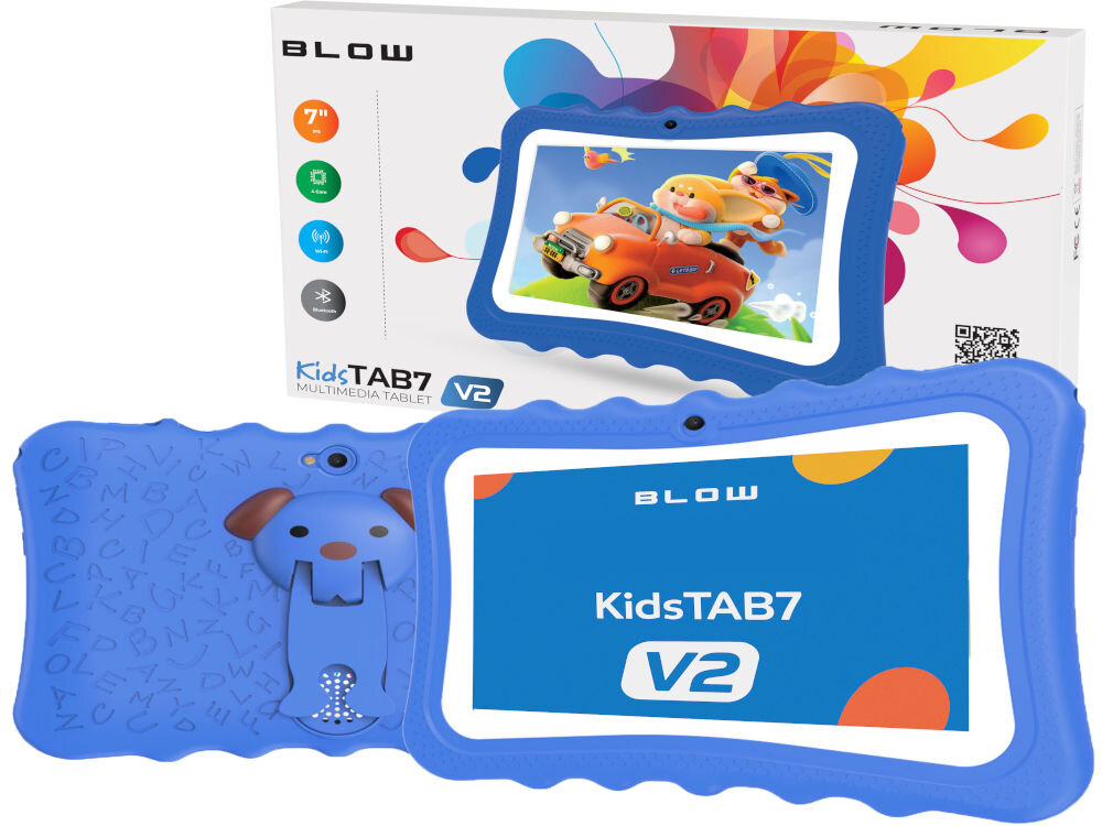 Tablet BLOW Kids Tab 7 V2 7 cali 4/32 GB Wi-Fi Niebieski prezentacja urządzenia od tyłu przodu i jego opakowania na białym tle obsługa szerokiej gamy formatów audio i wideo wygodne rozwiązanie