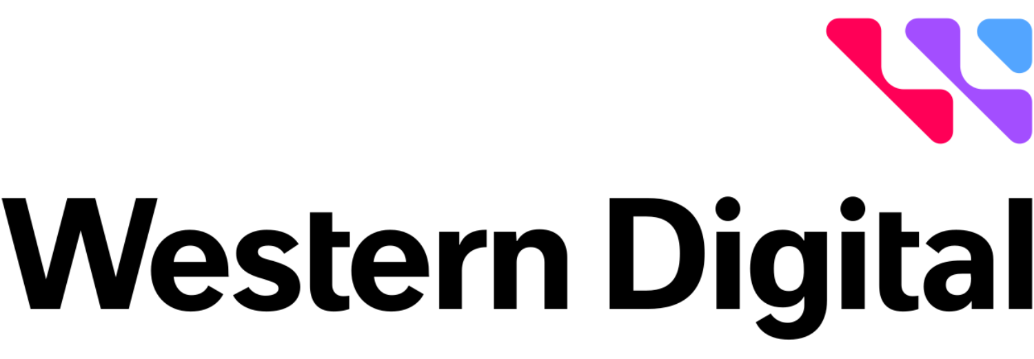 Logo Western Digital z trzema stylizowanymi strzałkami w kolorach czerwonym, fioletowym i niebieskim.