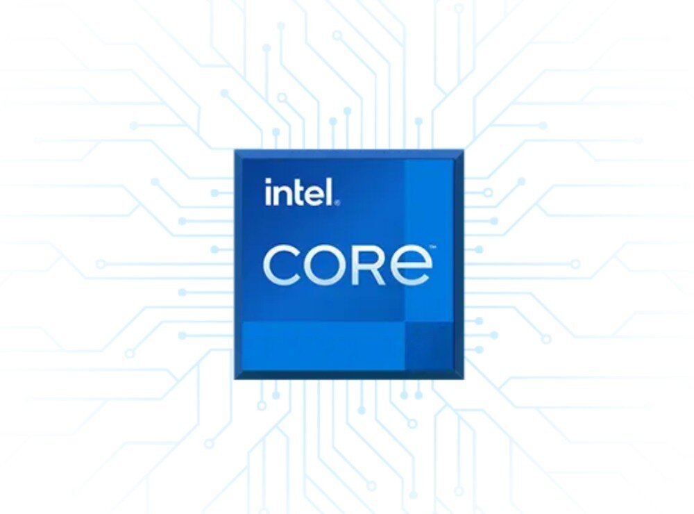 Komputer MSI Pro DP80 A14G-088EU Niebieski logotyp procesora Intel Core i7 umieszczony centralnie na białym tle. Od logotypu rozchodzą się jasnoszare linie przypominające ścieżki na płytce drukowanej, procesor, rdzenie, tatkowanie