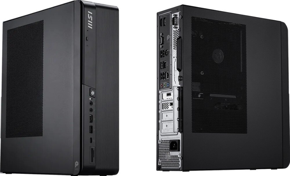 Komputer MSI Pro DP80 A14G-088EU Dwie czarne obudowy komputerowe obok siebie na białym tle. Lewa pokazuje front i bok z siatką wentylacyjną, prawa prezentuje tył urządzenia z licznymi portami wejścia/wyjścia, gniazdem zasilania oraz wentylatorem, dysk, pojemność