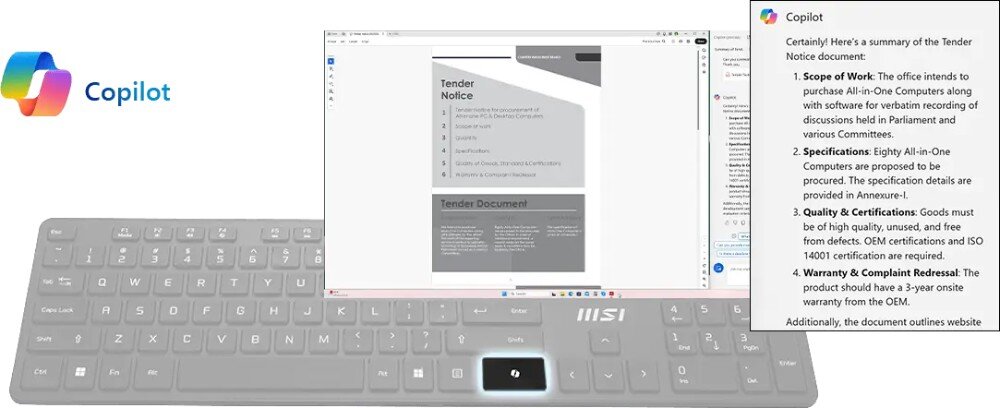 Komputer MSI Pro DP80 A14G-088EU Srebrna klawiatura z podświetlonym klawiszem Copilot. Nad klawiaturą unoszą się okna cyfrowe przedstawiające dokument tekstowy 'Tender Notice' oraz podsumowanie wygenerowane przez czat AI, sztuczna inteligencja, narzędzia, funkcje