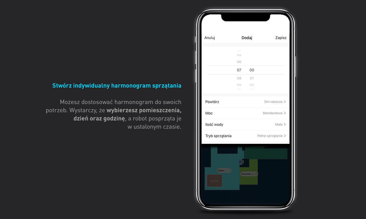 Na ciemnym tle widoczny jest smartfon z aplikacją do zarządzania harmonogramem sprzątania. Obok znajduje się tekst: \'Stwórz indywidualny harmonogram sprzątania Możesz dostosować harmonogram do swoich potrzeb. Wystarczy, że wybierzesz pomieszczenia, dzień oraz godzinę, a robot posprząta je w ustalonym czasie.\'
