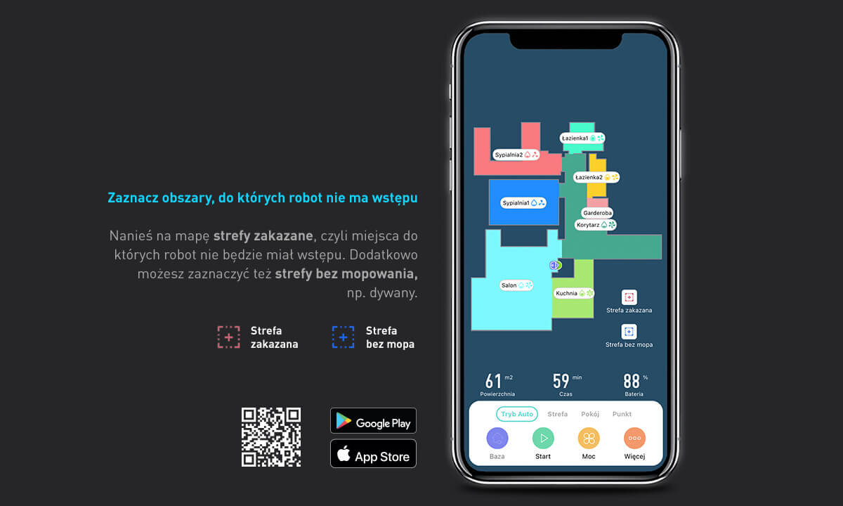Na ekranie smartfona widoczna jest mapa z zaznaczonymi strefami zakazanymi i bez mopa. Obok znajduje się tekst: \'Zaznacz obszary, do których robot nie ma wstępu\', oraz ikony Google Play i App Store.