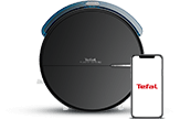 Czarny robot sprzątający z widocznym logo \'Tefal\' oraz smartfon z wyświetlonym napisem \'Tefal\'.