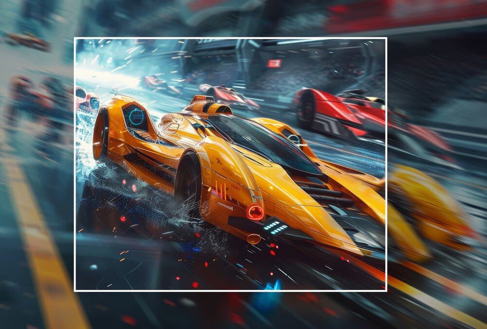 Monitor LG UltraGear 24G411A-B.AEU Porównanie jakości obrazu na przykładzie pędzącego żółtego pojazdu wyścigowego, gdzie wewnętrzna ramka pokazuje ostry obraz, a zewnętrzna część jest rozmyta