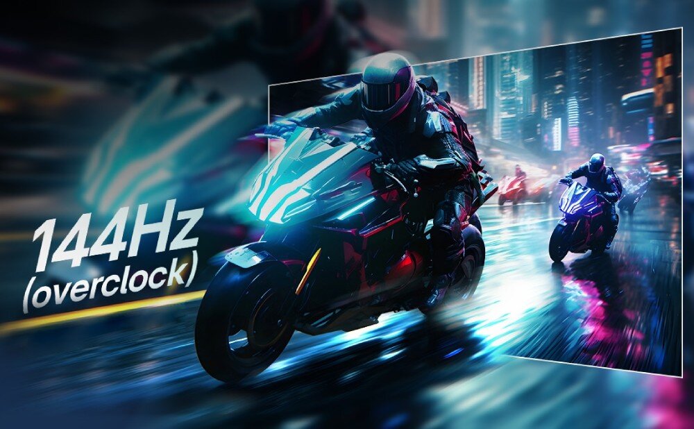 Monitor LG UltraGear 24G411A-B.AEU Dynamiczna scena z motocyklistą jadącym nocą przez miasto z dużym białym napisem 144Hz overclock po lewej stronie