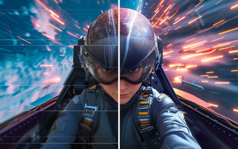 Monitor LG UltraGear 24G411A-B.AEU Porównanie płynności obrazu przedstawiające postać w kasku pilota, gdzie lewa strona jest poszatkowana poziomymi liniami, a prawa strona jest wyraźna i spójna