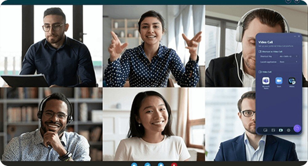 Monitor LG UltraGear 24G411A-B.AEU Widok interfejsu aplikacji do wideorozmów z kafelkami przedstawiającymi sześć różnych osób oraz panelem bocznym z opcjami wyboru platform komunikacyjnych