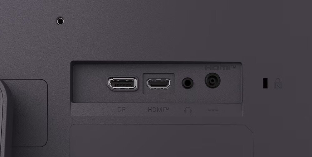 Monitor LG UltraGear 24G411A-B.AEU Widok na panel złączy z tyłu obudowy monitora zawierający gniazda opisane jako DP, HDMI, ikonę słuchawek oraz wejście zasilania DC-IN