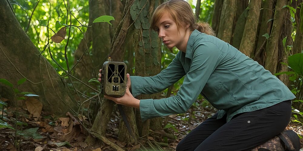 Osoba w zielonej koszuli trzyma urządzenie przypominające fotopułapkę w lesie. W tle widoczne są drzewa i liście.