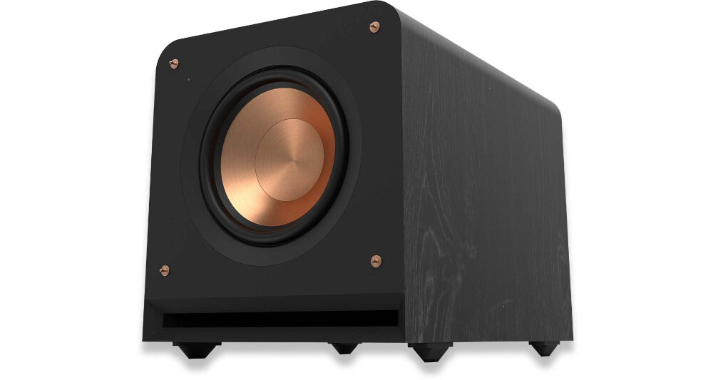 Subwoofer KLIPSCH RP-1200SW EUA port szczelinowy Aerofoil przód pasmo 16,5 Hz, subwoofer po skosie na białym tle