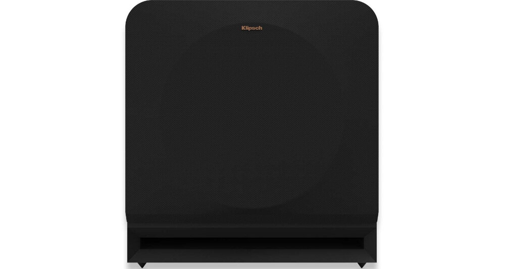 Subwoofer KLIPSCH RP-1200SW EUA hebanowe wykończenie solidna obudowa 31,1 kg, subwoofer od frontu na białym tle