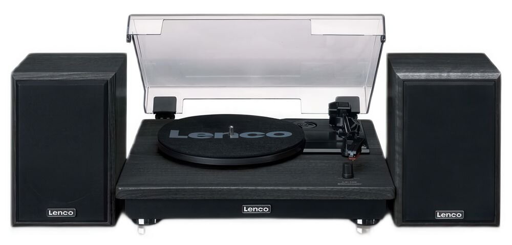 Gramofon LENCO LS-100 zestaw stereo z głośnikami napęd paskowy odtwarzanie płyt winylowych, gramofon wraz z głośnikami od frontu na białym tle