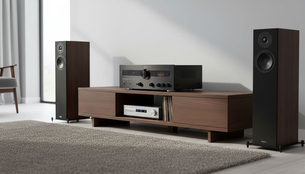 MAGNAT MA 900 wzmacniacz stereo, 200 W mocy sinusoidalnej na kanał, 320 W mocy impulsowej i obsługa głośników 4 omy, urządzenie stojące na komodzie w pomieszczeniu