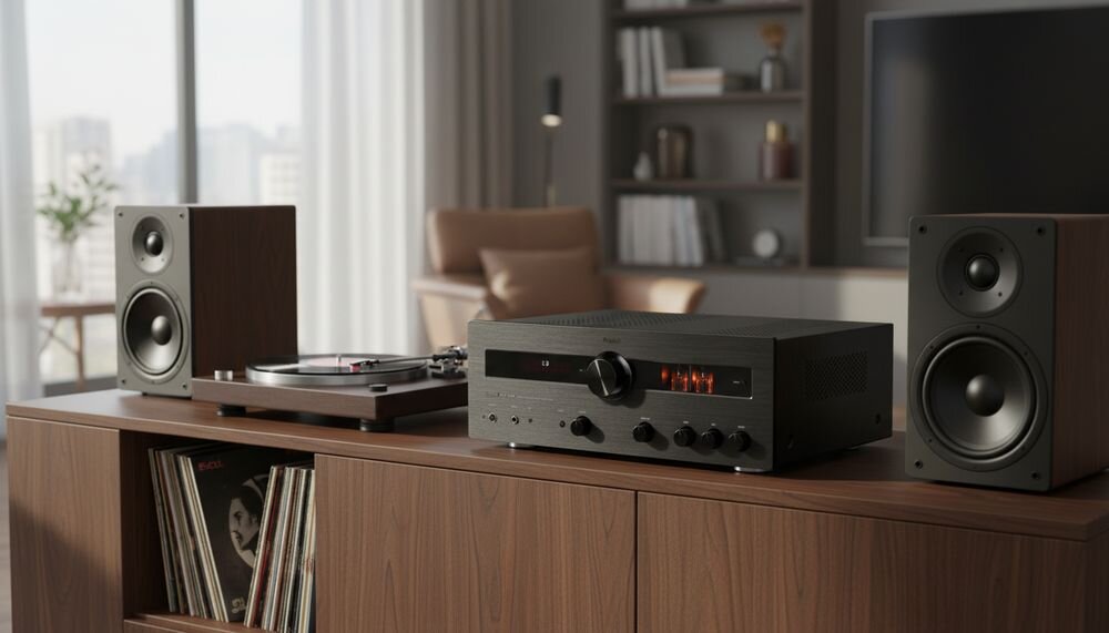 MAGNAT MA 900 wzmacniacz zintegrowany, analogowe wejścia audio, jack 3,5 mm oraz dwa wejścia koaksjalne i dwa optyczne, urządzenie stojące na komodzie w pomieszczeniu
