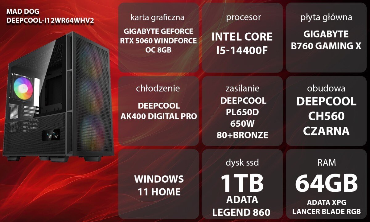 Komputer MAD DOG GeForce RTX5060 DLSS 4 Reflex Edition 2 DEEPCOOL-I12WR64WHV2 Grafika przedstawiająca specyfikację komputera, z podziałem na podzespoły. W lewej części znajduje się model komputera, a obok niego informacje o podzespołach, opis