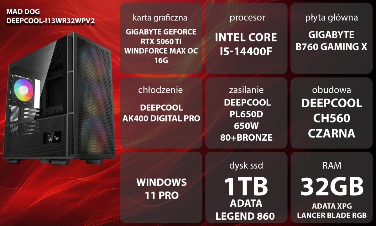 Komputer MAD DOG GeForce RTX5060Ti DLSS 4 Reflex Edition 2 DEEPCOOL-I13WR32WPV2 Grafika przedstawiająca specyfikację komputera, z podziałem na podzespoły. W lewej części znajduje się model komputera, a obok niego informacje o podzespołach, opis