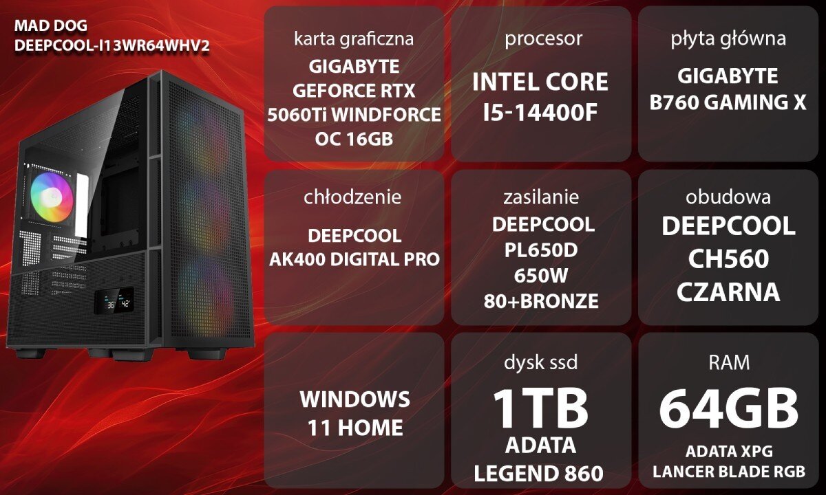 Komputer MAD DOG GeForce RTX5060Ti DLSS 4 Reflex Edition 2 DEEPCOOL-I13WR64WHV2 Grafika przedstawiająca specyfikację komputera, z podziałem na podzespoły. W lewej części znajduje się model komputera, a obok niego informacje o podzespołach, opis
