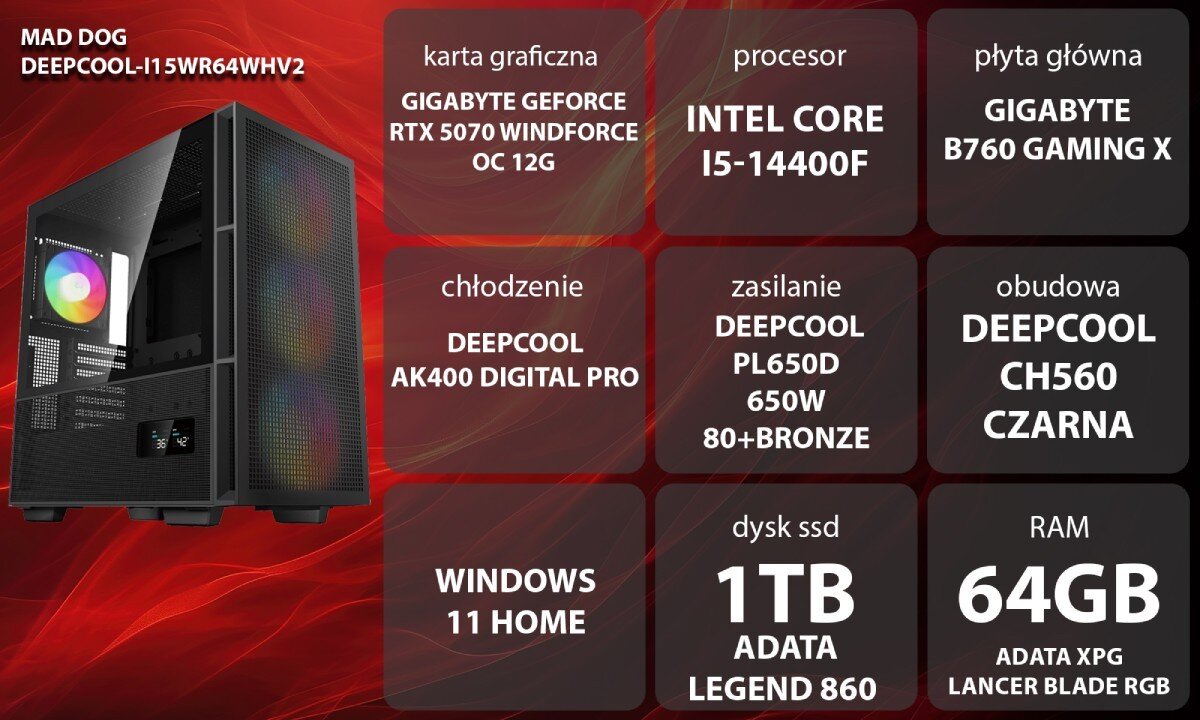 Komputer MAD DOG GeForce RTX5070 DLSS 4 Reflex Edition 2 DEEPCOOL-I15WR64WHV2 Grafika przedstawiająca specyfikację komputera, z podziałem na podzespoły. W lewej części znajduje się model komputera, a obok niego informacje o podzespołach, opis
