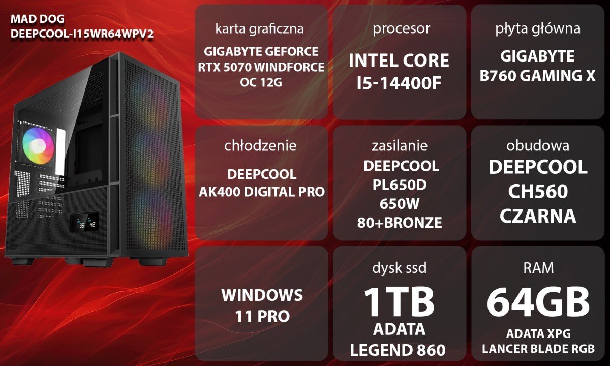 Komputer MAD DOG GeForce RTX5070 DLSS 4 Reflex Edition 2 DEEPCOOL-I15WR64WPV2 Grafika przedstawiająca specyfikację komputera, z podziałem na podzespoły. W lewej części znajduje się model komputera, a obok niego informacje o podzespołach, opis