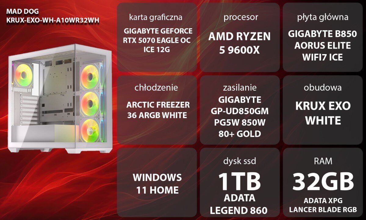 Komputer MAD DOG GeForce RTX5070 DLSS 4 Reflex Edition 2 KRUX-EXO-WH-A10WR32WH Grafika przedstawiająca specyfikację komputera, z podziałem na podzespoły. W lewej części znajduje się model komputera, a obok niego informacje o podzespołach, opis