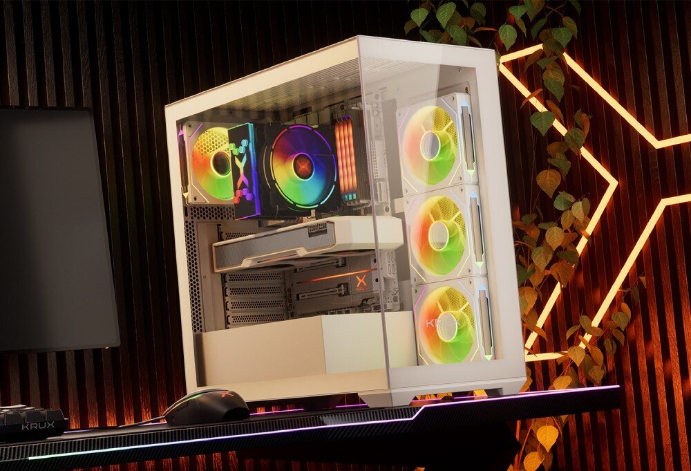 Komputer MAD DOG GeForce RTX5070 DLSS 4 Reflex Edition 2 KRUX-EXO-WH-A10WR32WH Zbliżenie na wnętrze obudowy z widoczną kartą graficzną, chłodzeniem procesora i trzema podświetlanymi wentylatorami z przodu, szklane panele, przejrzystość, rama