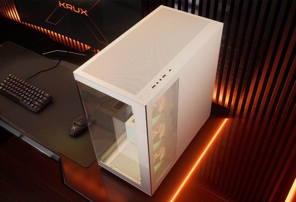 Komputer MAD DOG GeForce RTX5070 DLSS 4 Reflex Edition 2 KRUX-EXO-WH-A10WR32WH Widok z góry na białą obudowę z perforowanym panelem górnym i widocznymi portami USB oraz przyciskiem zasilania, typ, wielkość, kolor, cechy