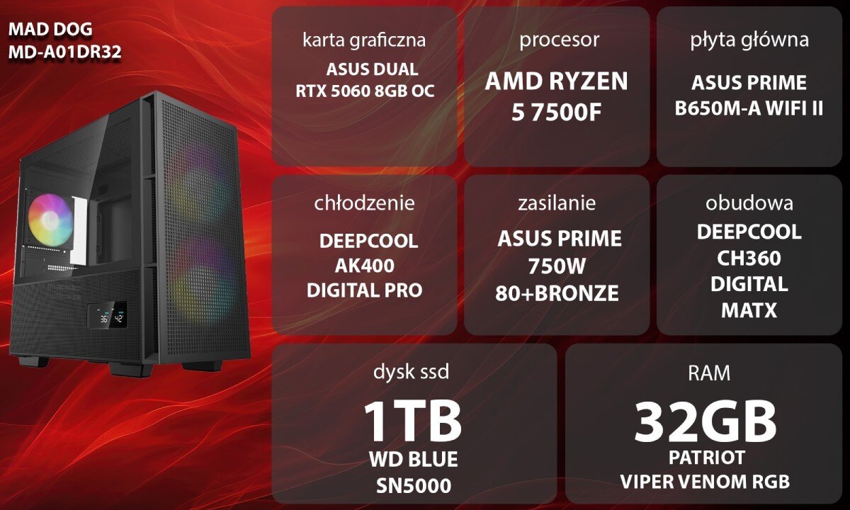 Komputer MAD DOG MD-A01DR32 Grafika przedstawiająca specyfikację komputera, z podziałem na podzespoły. W lewej części znajduje się model komputera, a obok niego informacje o podzespołach, opis
