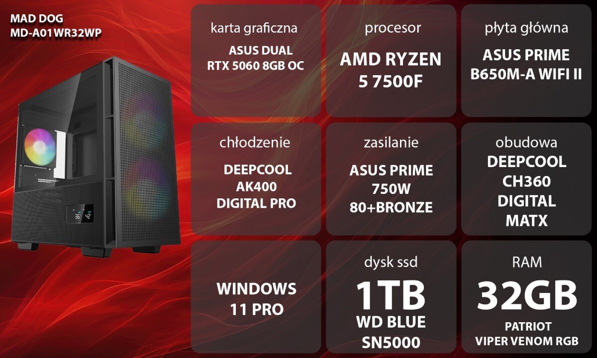 Komputer MAD DOG MD-A01WR32WP Grafika przedstawiająca specyfikację komputera, z podziałem na podzespoły. W lewej części znajduje się model komputera, a obok niego informacje o podzespołach, opis