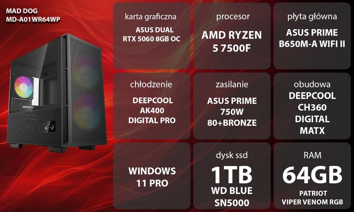 Komputer MAD DOG MD-A01WR64WP Grafika przedstawiająca specyfikację komputera, z podziałem na podzespoły. W lewej części znajduje się model komputera, a obok niego informacje o podzespołach, opis