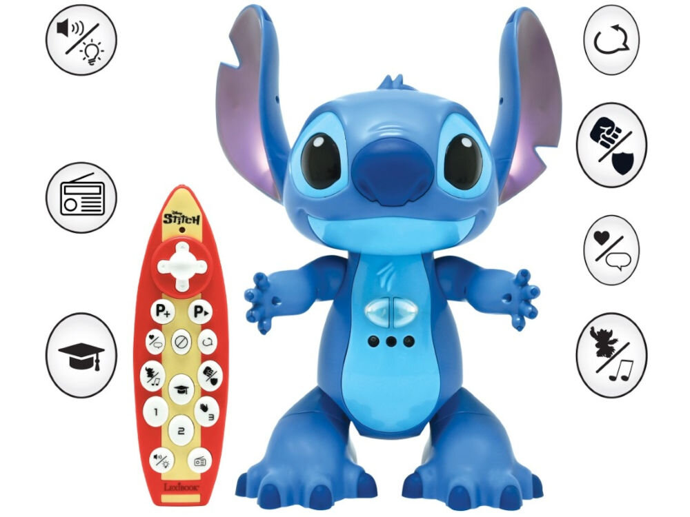Robot zdalnie sterowany LEXIBOOK Disney Stitch STITCHI17 pilot deska surfingowa sterowanie gestami dłoni dwie prędkości ruchu zabawka interaktywna dla dzieci Duża, niebieska figurka robota Sticha stojąca obok czerwonego pilota zdalnego sterowania. Wokół Sticha i pilota rozmieszczone są ikony w kółkach, symbolizujące różne funkcje zabawki, takie jak: dźwięk/światło, radio, tryb edukacyjny, obrót/taniec, walka/obrona, quiz/interakcja, oraz muzyka/taniec (przekreślona nuta symbolizująca wyłączenie muzyki lub konkretny tryb). Tło jest białe.