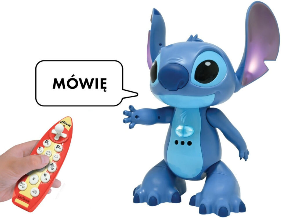 Robot zdalnie sterowany LEXIBOOK Disney Stitch STITCHI17 dwujęzyczny polski angielski czuły na dotyk efekty świetlne dźwiękowe taniec śpiewanie nauka języków Duża, niebieska figurka robota Sticha stojąca w pozytywnej pozie, z uniesioną łapą. Z jej ust wydobywa się dymek komiksowy z tekstem: MÓWIĘ. Obok widoczna jest dłoń trzymająca czerwony, jajowaty pilot zdalnego sterowania z przyciskami. Tło jest białe.