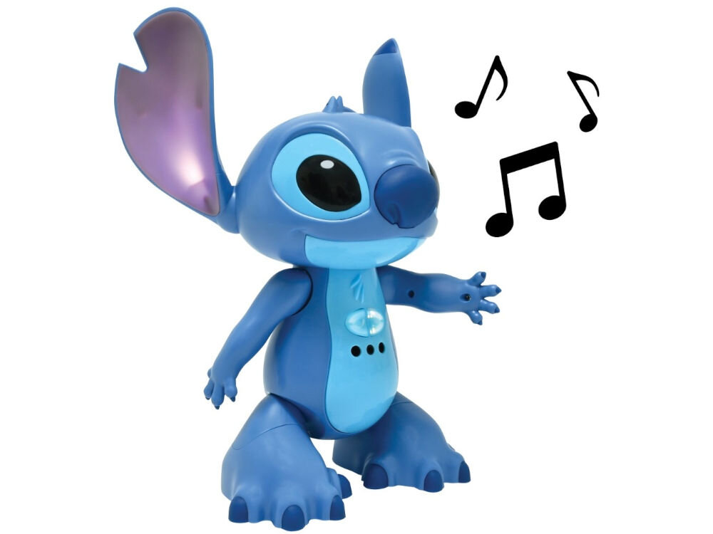 Robot zdalnie sterowany LEXIBOOK Disney Stitch STITCHI17 zasilanie baterie AA LR6 tryb oszczędzania energii pilot surfingowy Disney zabawka licencyjna specyfikacja techniczna Duża, niebieska figurka robota Sticha w pozytywnej pozie, z jednym uniesionym uchem. Nad jego głową unoszą się czarne nuty, symbolizujące śpiew lub odtwarzanie muzyki przez zabawkę. Tło jest białe.