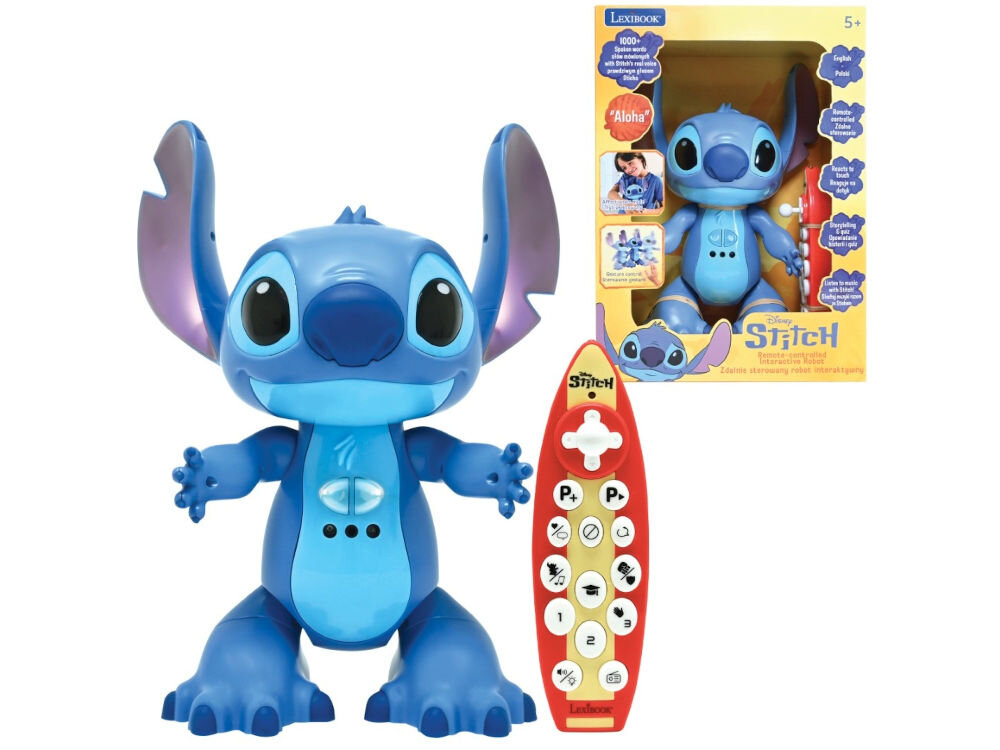 Robot zdalnie sterowany LEXIBOOK Disney Stitch STITCHI17 zestaw pilot Duża, niebieska figurka robota Sticha, obok niej czerwony pilot zdalnego sterowania w kształcie deski surfingowej. Z tyłu widać kartonowe opakowanie robota, na którym widnieje nazwa Disney STITCH Robot Sterowany Interaktywny i informacje o funkcjach (ponad 1000 fraz, język polski i angielski). Tło jest białe.