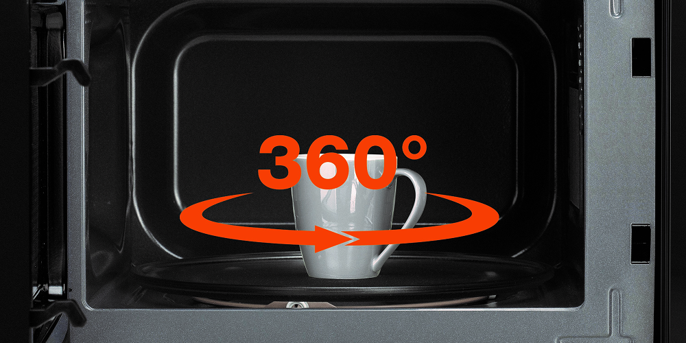 KUCHNIA MIKROFALOWA GORENJE MO17E1BH wnętrze talerz obrotowy kubek strzałki kierunki obrót 360 talerz obrotowy równomierne podgrzewanie idealne gotowanie podgrzewanie potraw
