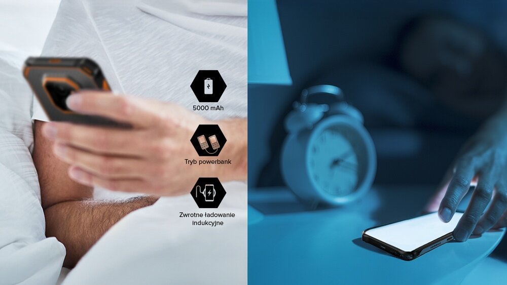 HAMMER ENERGY X2  dwa telefony w biurowej scenerii; ikony: bateria 5000 mAh, tryb powerbank, zwrotne ładowanie indukcyjne.
