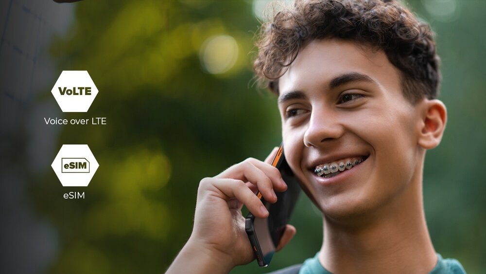 HAMMER ENERGY X2  - widok przodu i tyłu; atuty:  eSIM, tło z motywem sieci punktów.