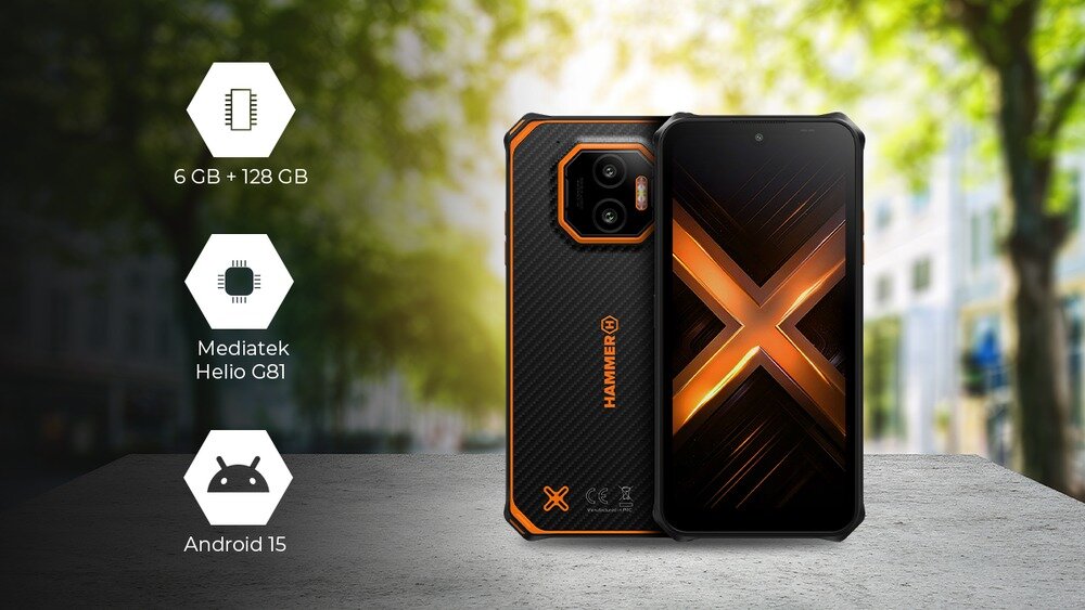 HAMMER ENERGY X2 - mężczyzna gra na smartfonie; podkreślone parametry: 6 GB RAM, 128 GB pamięci, MediaTek Helio G81, Android 15.