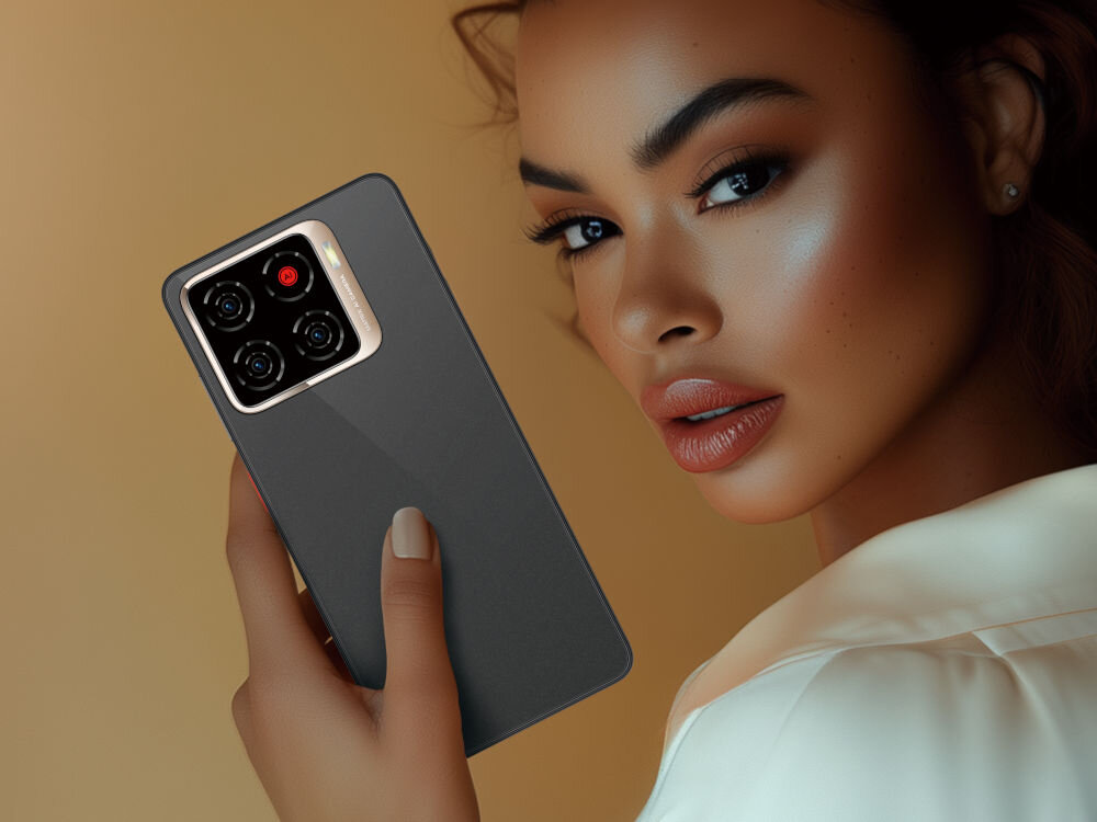 Smartfon ZTE Blade A56 4/128GB 6.75 90Hz Złoty Kobieta o ciemnej karnacji i wyrazistym makijażu trzyma w dłoni Złoty smartfon tyłem. Widoczny jest kwadratowy moduł aparatu z czterema obiektywami i miedzianymi akcentami.