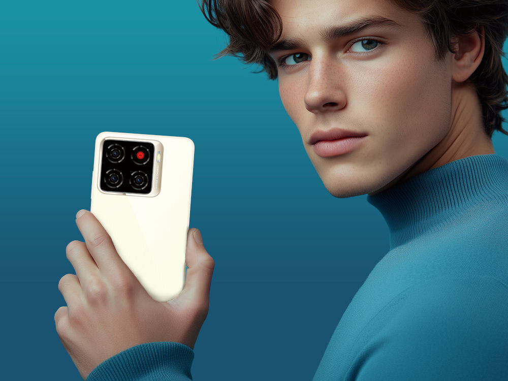 Smartfon ZTE Blade A56 4/128GB 6.75 90Hz Złoty Mężczyzna o jasnej karnacji i kręconych włosach, ubrany w niebieski golf, trzyma w dłoni smartfon w kolorze jasnobeżowym (kości słoniowej), widoczny od tyłu z modułem czterech aparatów. Tło jest niebieskie.