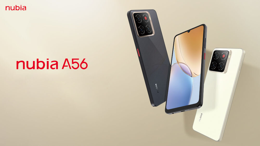 Smartfon ZTE Blade A56 4/128GB 6.75 90Hz Czarny Grafika promocyjna smartfona nubia A56. Widoczne są trzy telefony: jeden czarny i jeden jasnobeżowy pokazane tyłem, oraz jeden z ekranem wyświetlającym abstrakcyjną tapetę. W lewym górnym rogu logo nubia, a po lewej duży napis: