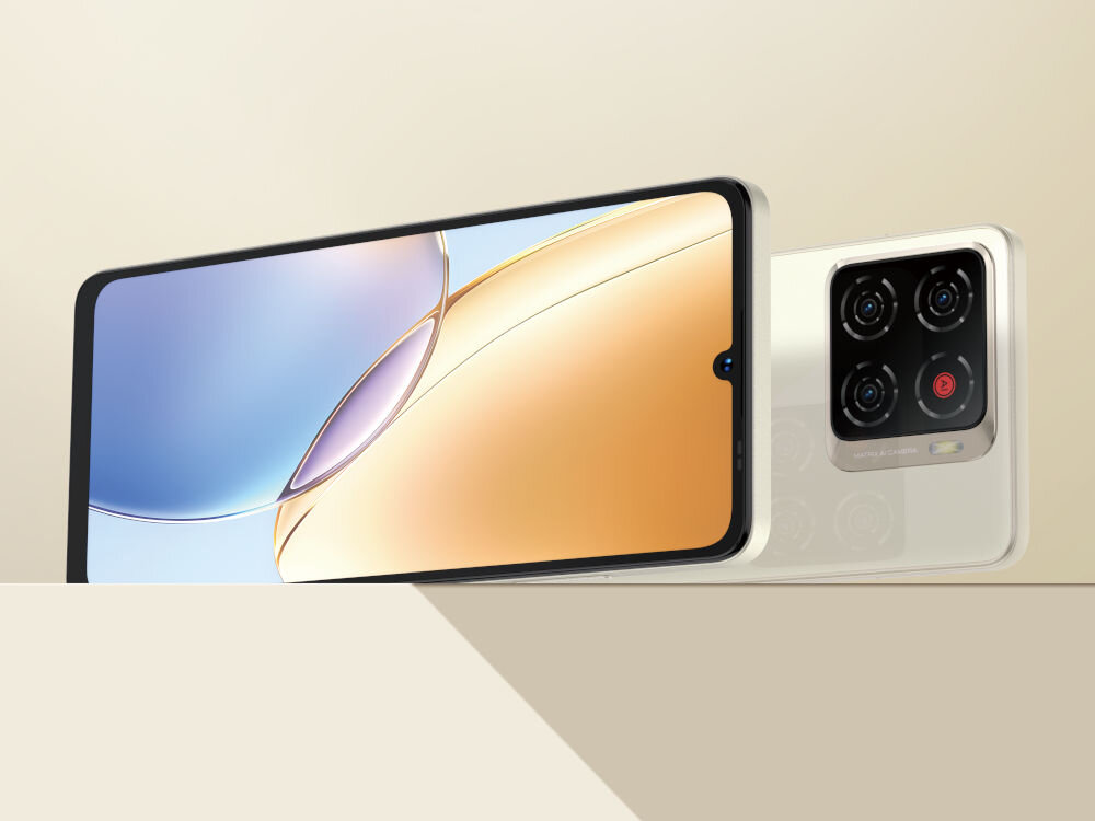 Smartfon ZTE Blade A56 4/128GB 6.75 90Hz Dwa smartfony ZTE. Jeden pokazany przodem, z włączonym ekranem wyświetlającym abstrakcyjną, kolorową tapetę. Drugi, w kolorze jasnobeżowym (kości słoniowej), widoczny za nim, pokazany tyłem z modułem czterech aparatów i napisem