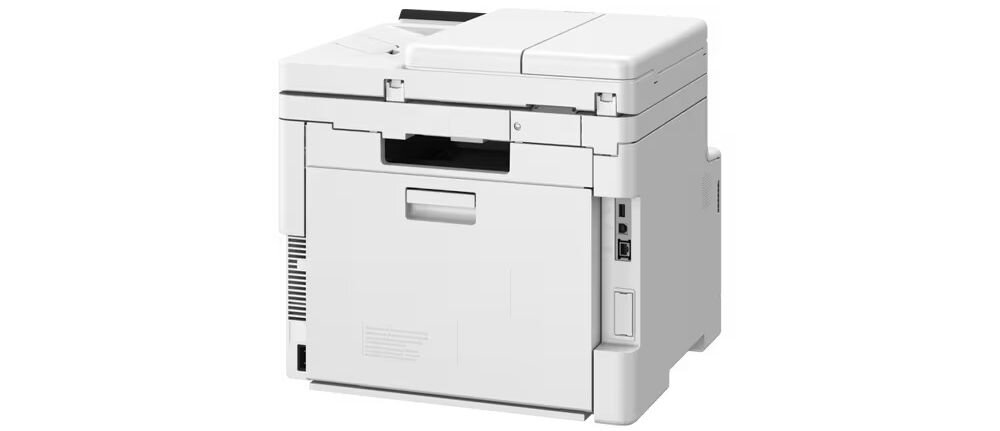 Urządzenie wielofunkcyjne CANON i-SENSYS MF664Cdw Druk w kolorze, Automatyczny druk dwustronny, Wi-Fi prezentacja urządzenia od tyłu pod kątem na białym tle podajnik, taca odbiorcza, porty, Wi-Fi