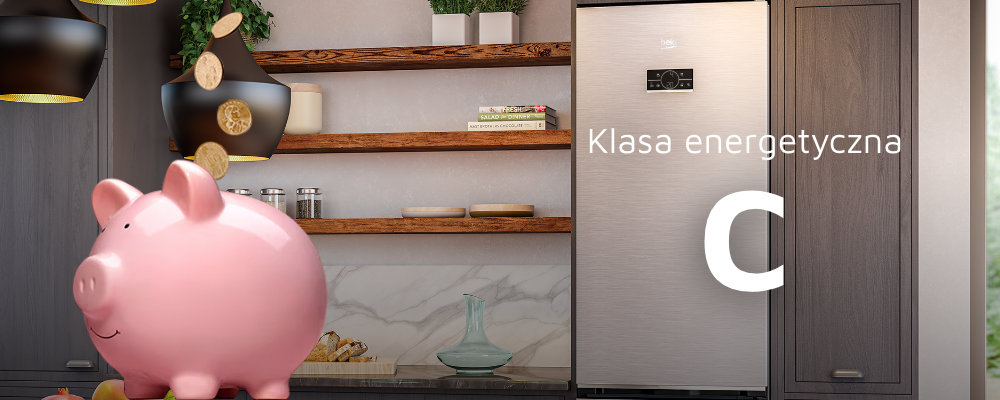 LODÓWKA BEKO B5RCNA406HXBR2 wizualizacja skarbonka świnka monety półki lodówka w tle dekoracje Klasa energetyczna C oszczędności skuteczne stabilne chłodzenie dłuższa świeżość kontrola wydatków
