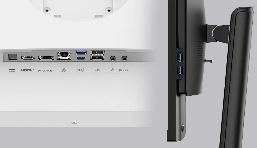 Komputer All in One MSI Pro AP242P 14M-649XEU Obraz przedstawia tylny panel komputera z widocznymi portami: HDMI, DisplayPort, USB, Ethernet oraz audio. Na boku urządzenia znajdują się dwa porty USB i gniazdo audio, Bluetooth, porty, złącza