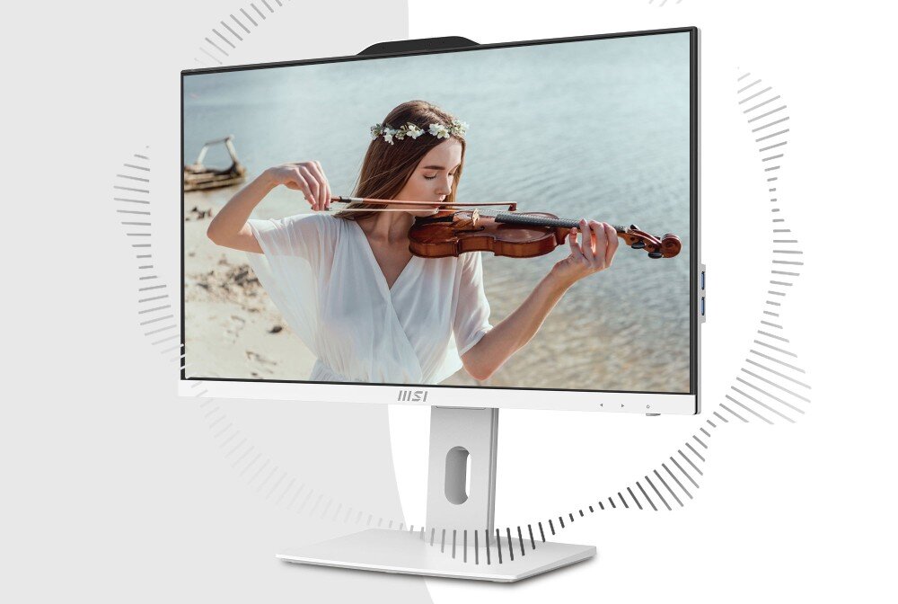Komputer All in One MSI Pro AP242P 14M-649XEU Monitor komputera All in One MSI wyświetla obraz kobiety grającej na skrzypcach nad wodą. Na obudowie widoczne jest logo MSI, głośniki, audio, dźwięk
