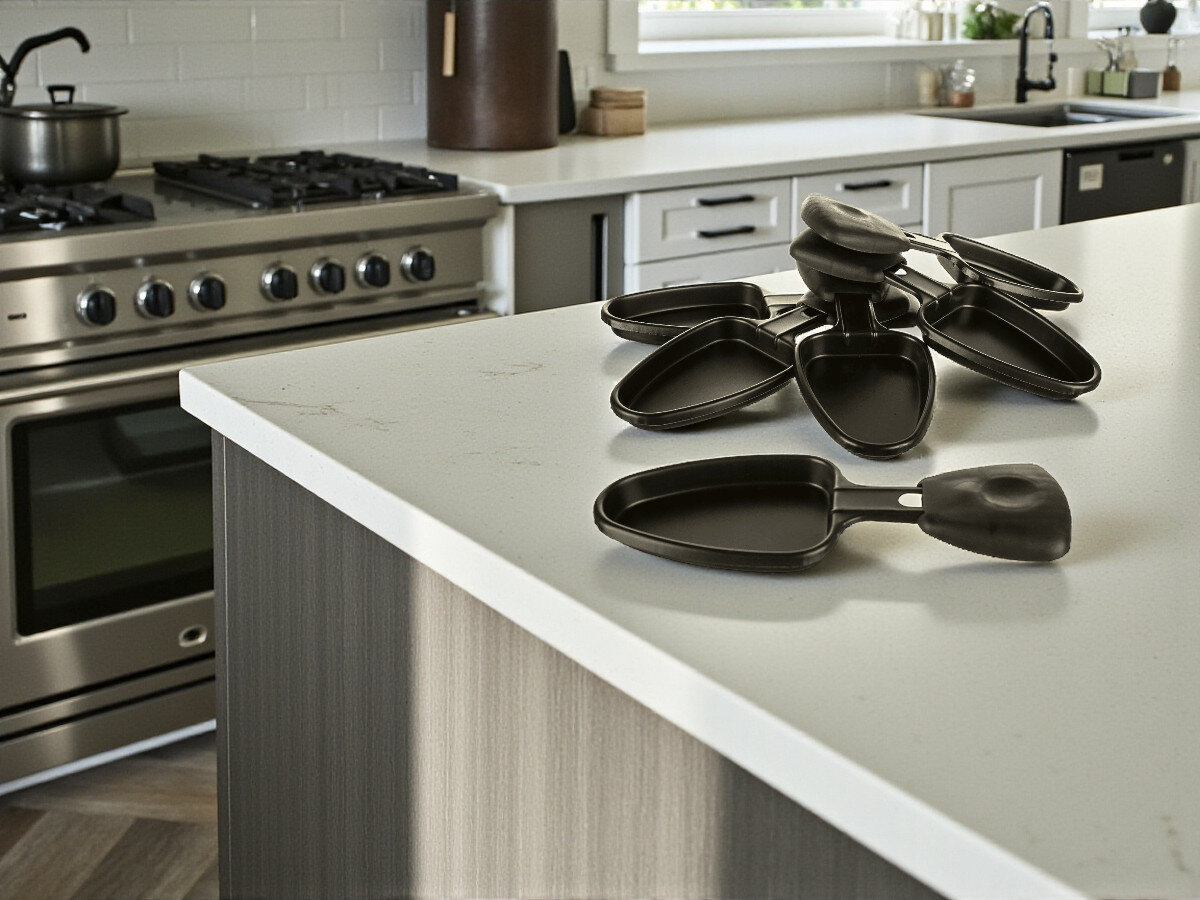 Grill elektryczny CAMRY CR 6606, kontrolka, włącznik, prosto, obsługa, Patelenki raclette rozłożone na blacie kuchni