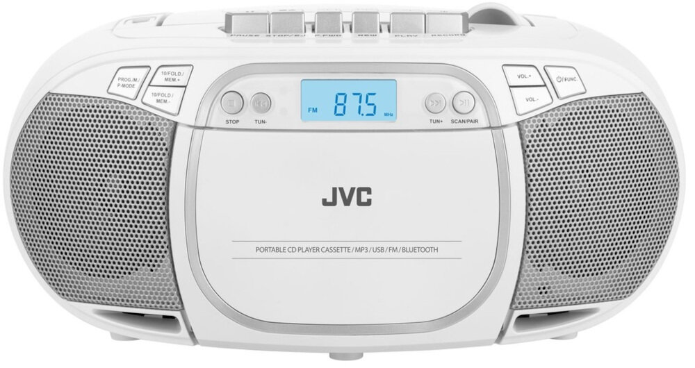Biały radioodtwarzacz z wyświetlaczem pokazującym częstotliwość 87.5 FM. Widoczne logo JVC oraz przyciski sterujące i głośniki po obu stronach.