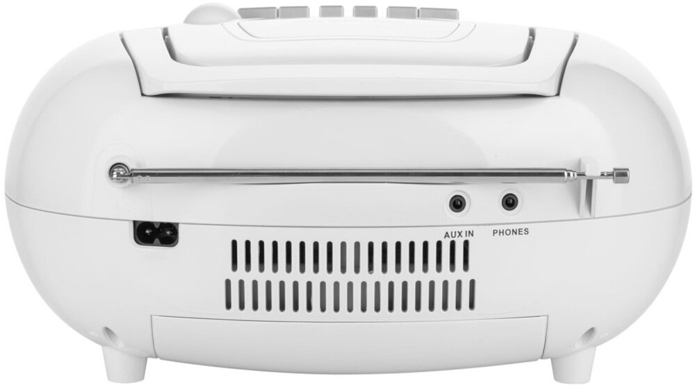 Biały radioodtwarzacz z widocznymi złączami AUX IN i PHONES oraz kratką wentylacyjną. Na górze znajdują się przyciski sterujące.