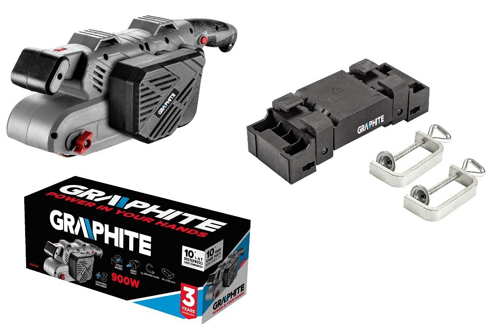 Szlifierka taśmowa GRAPHITE 59G395 w zestawie dodatkowy uchwyt pojemnik na pył dwa zaciski instrukcja obsługi w języku polskim karta gwarancyjna